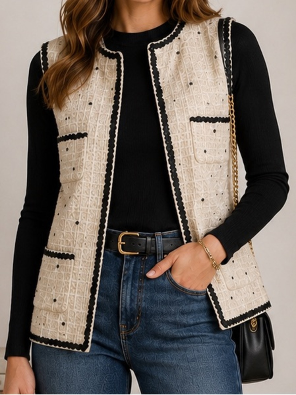Rachel Zoe Tweed Bouclé Vest Cream Black Sleeveless XXS NWT